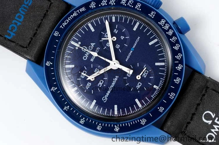 0206 ZipUp Speedmaster Misson To Neptune 1:1 Best Edition Blue Dial On Nylon Strap Quartz 7854